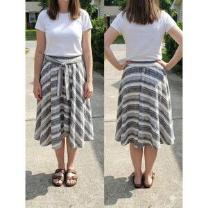 Flint & Moss NY Striped Midi Skirt L Large Gray White Cotton Linen Tie Waist